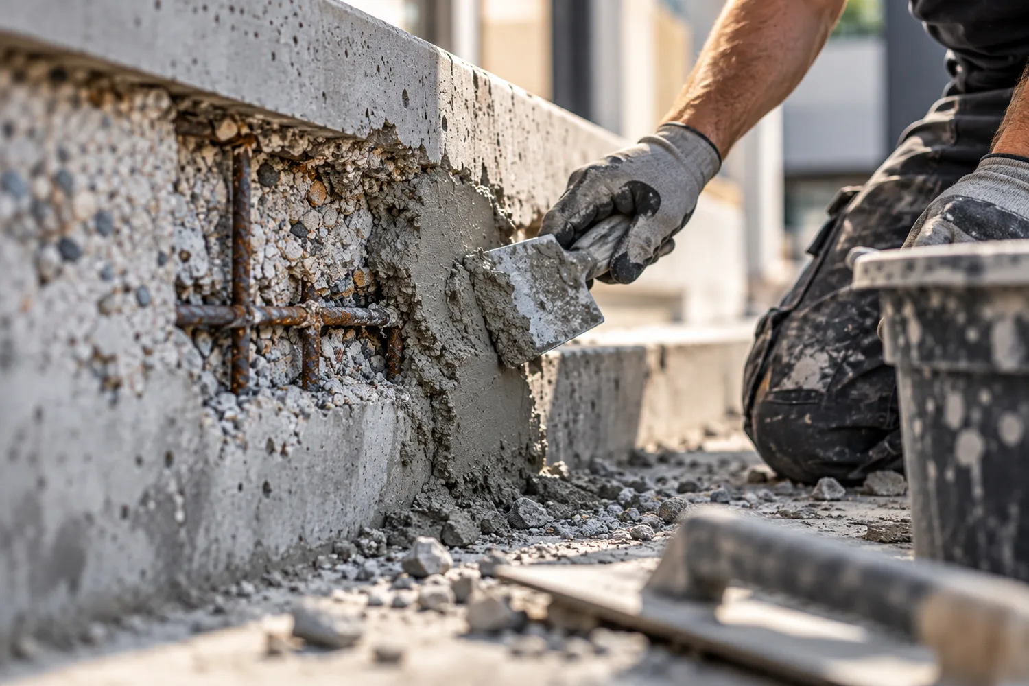 Betonreparateur herstelt beschadigd beton